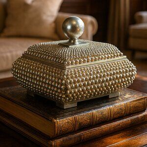 NWT Vintage Coffee Table Champagne Textured Studded Jewelry Trinket Box